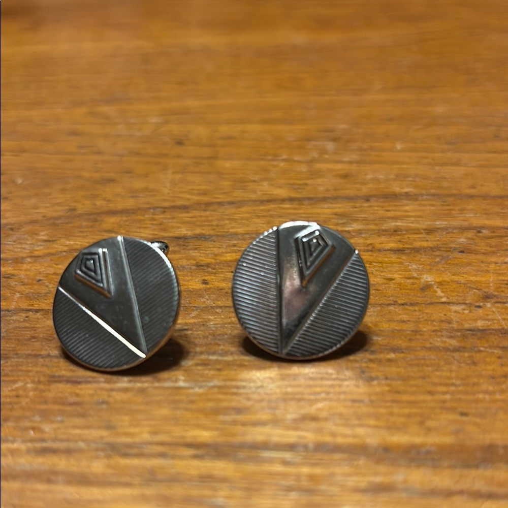 Set De Boutons De Manchette Vintage Hayward Argentés Motif Art Déco Triangulaire - Occasion Avec Traces D'usure